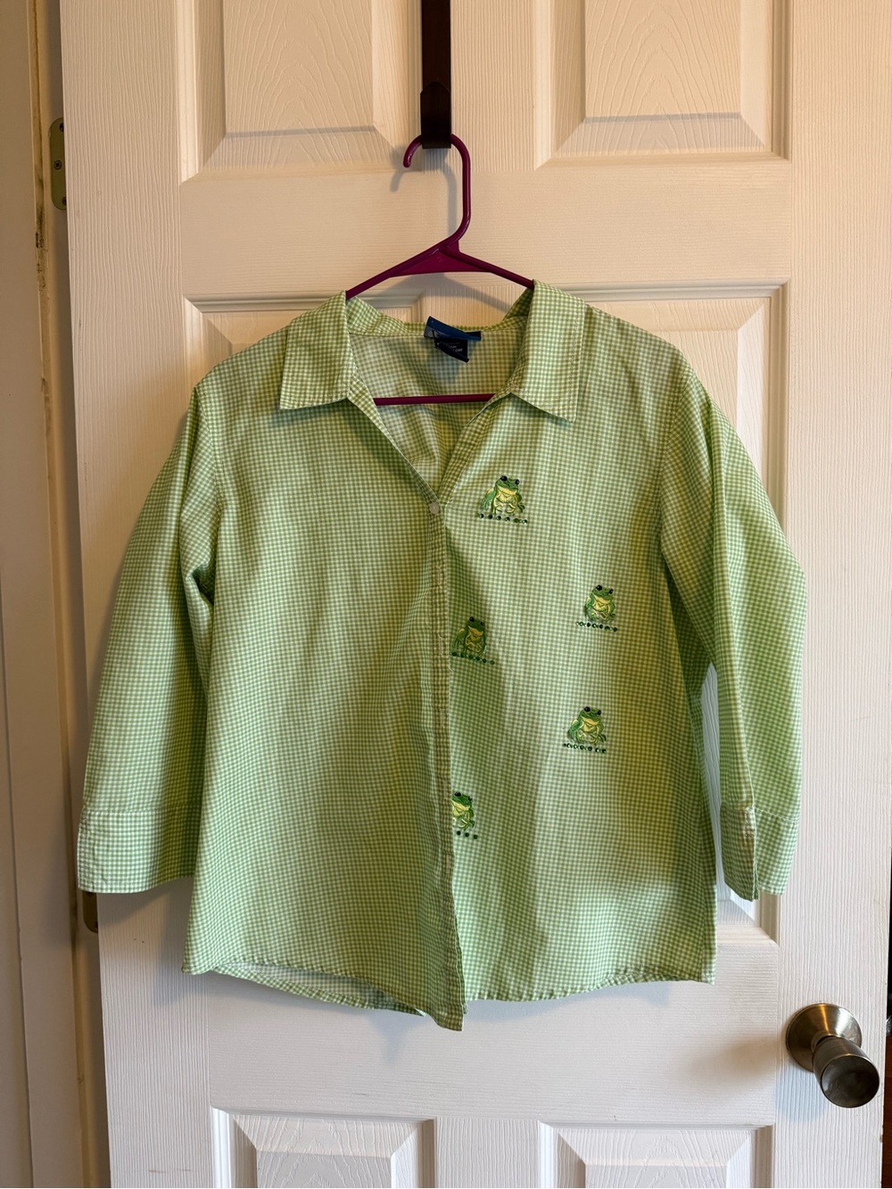 Light Green Checked Button-Up Blouse with Frog appliqué